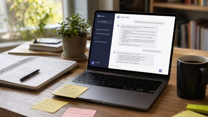 Bàn làm việc với laptop mở giao diện chat, minh hoạ các prompt ChatGPT