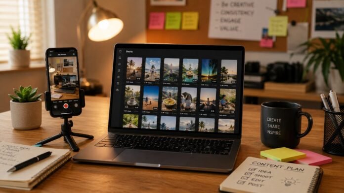 Bàn làm việc với laptop hiển thị nhiều video ngắn, tạo video TikTok bằng AI