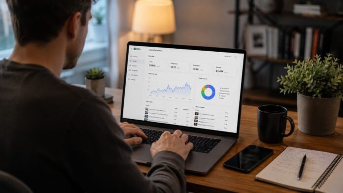 Người dùng laptop xem bảng số liệu nội dung, minh hoạ affiliate marketing