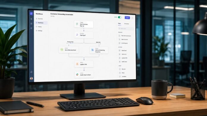 Màn hình hiển thị sơ đồ quy trình tự động hoá, minh hoạ AI automation
