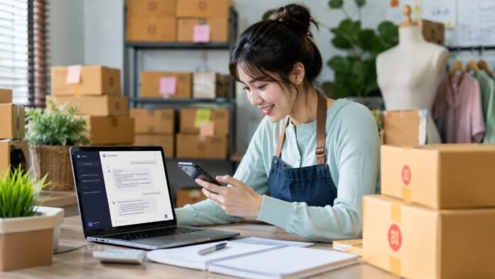 Người bán hàng online dùng laptop và điện thoại có AI, minh hoạ AI giúp bán hàng