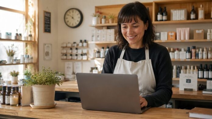 Chủ shop dùng laptop tại quầy hàng, AI giúp tiết kiệm thời gian