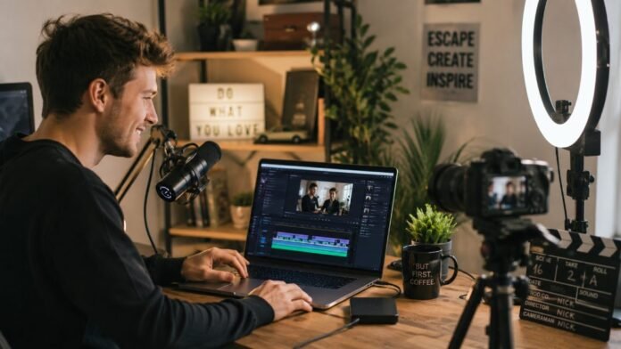 Nhà sáng tạo nội dung làm việc với laptop, micro và máy quay, minh hoạ AI tool cho creator