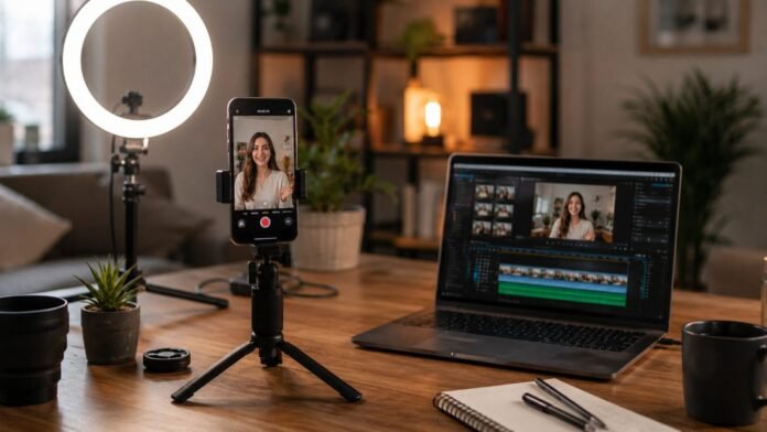 Bàn làm việc với điện thoại trên tripod và laptop dựng video TikTok
