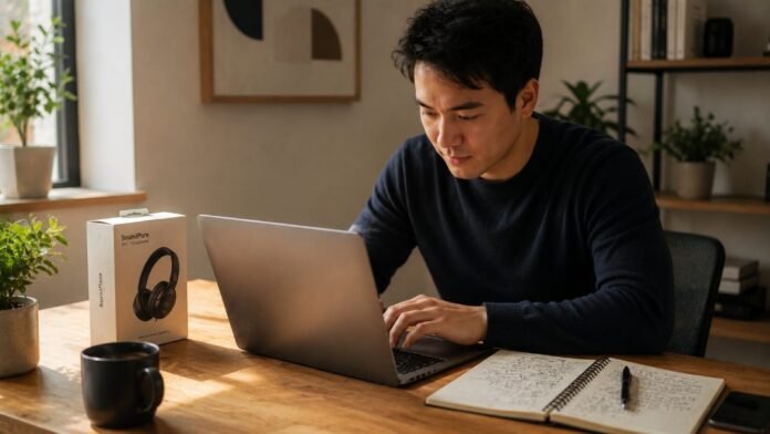 Người viết content bán hàng trên laptop bên cạnh sản phẩm