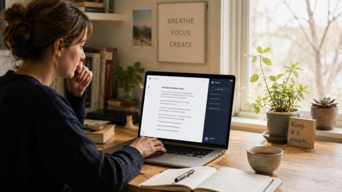Người viết đang soạn bài trên laptop, minh hoạ cách dùng AI viết content