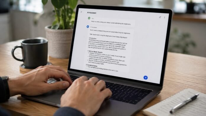 Cận cảnh bàn tay viết một prompt chi tiết trên laptop