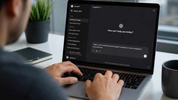 Người dùng gõ prompt ChatGPT trên laptop