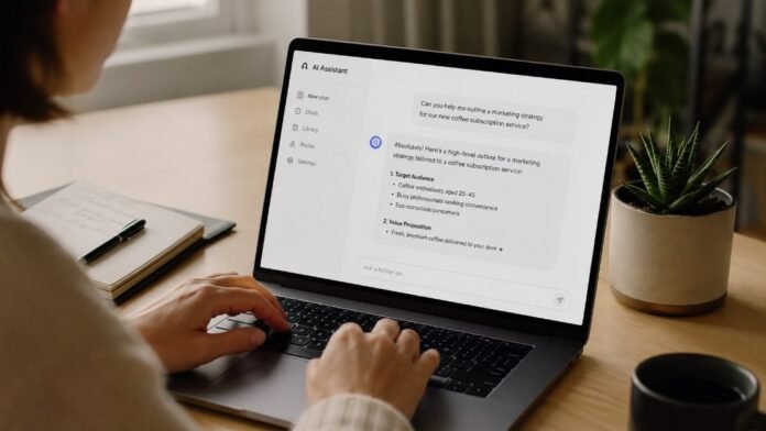 Người dùng trợ lý AI Claude trên laptop tại bàn làm việc