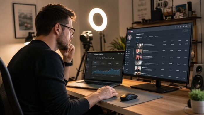 Người làm YouTube dùng vidIQ xem số liệu kênh trên laptop