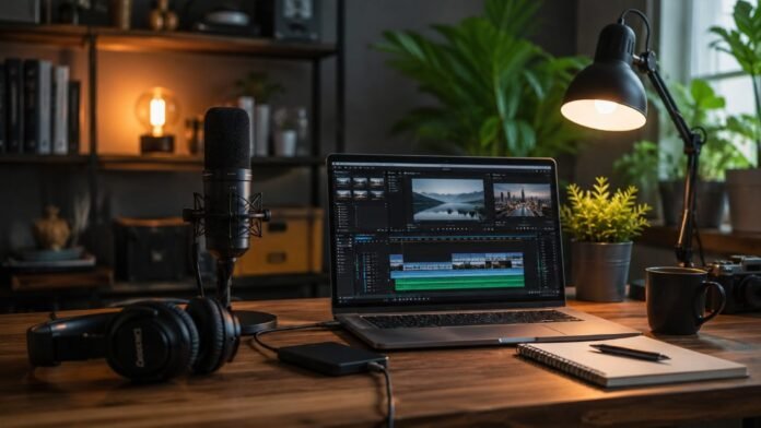 Góc studio tại nhà với micro và laptop dựng video, làm YouTube không lộ mặt
