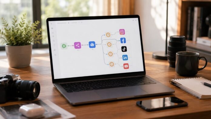 Tự động đăng mạng xã hội với n8n và AI trên laptop