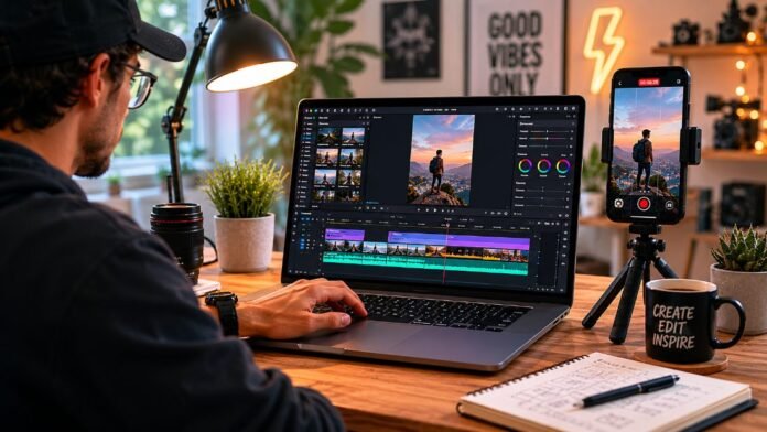Người dựng video ngắn trên laptop, minh hoạ workflow làm video bằng AI