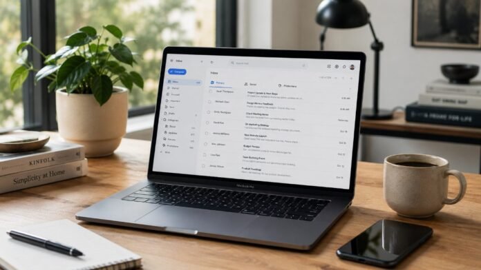 Bàn làm việc gọn gàng với laptop hiển thị hộp thư, minh hoạ xử lý email bằng AI