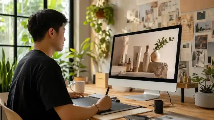 AI design 2026 — designer Việt làm việc với ảnh AI trong studio sáng tạo Sài Gòn