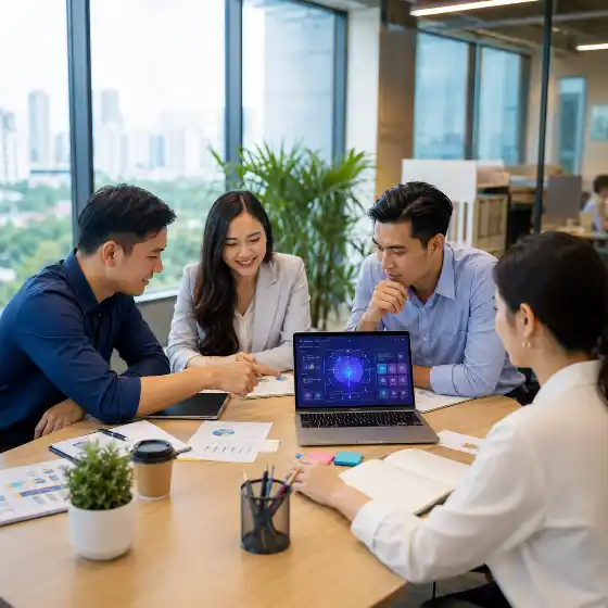 Cẩm nang AI cho doanh nghiệp 2026: chiến lược triển khai 1 ai cho doanh nghiệp 2026 nhóm nhân viên Việt họp triển khai