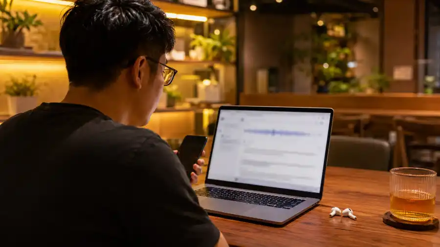 Cách dùng AI ghi chú cuộc họp tự động 2026 1 Người dùng xem lại bản AI ghi chú cuộc họp trên laptop tại coworking