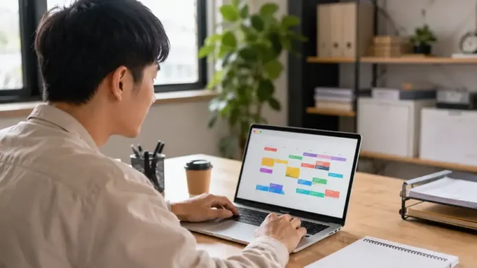 AI sắp xếp lịch làm việc tự động trên laptop trong văn phòng