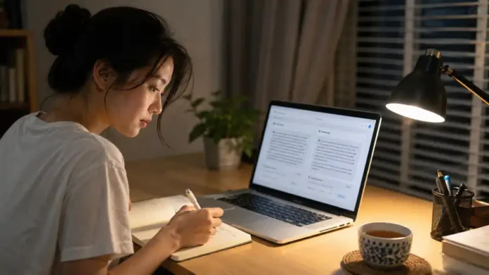 AI tutor làm việc tại nhà với laptop đánh giá câu trả lời AI