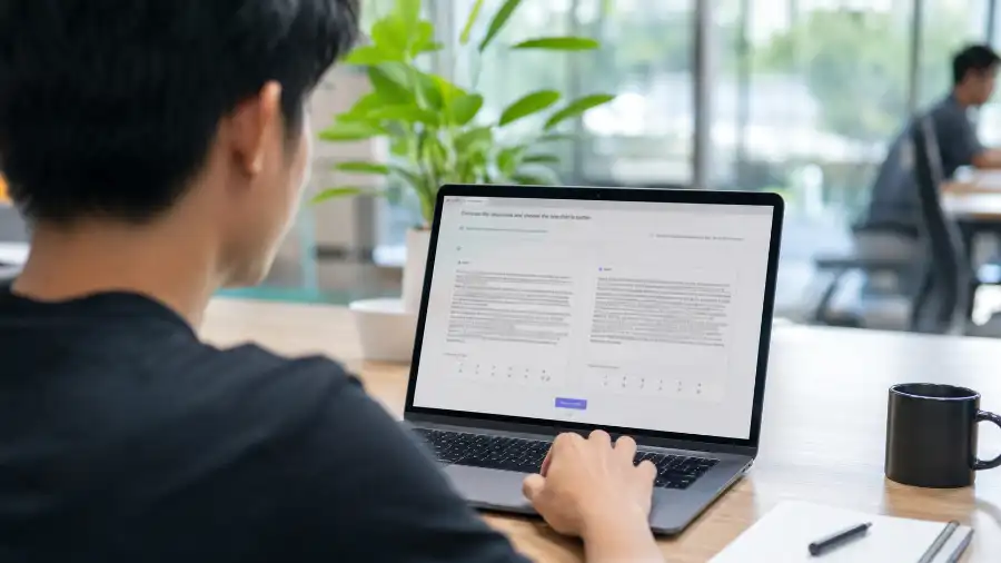 Màn hình laptop hiển thị nhiệm vụ đánh giá câu trả lời của AI tutor