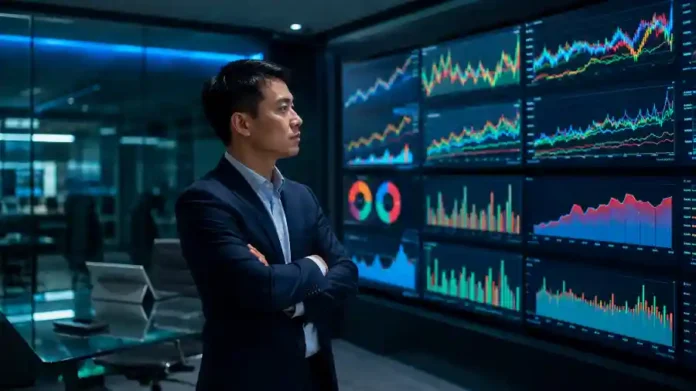 Chuyên viên phân tích Việt Nam theo dõi biểu đồ thị phần doanh nghiệp AI