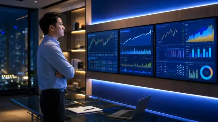 Nhà phân tích Việt theo dõi dashboard chứng khoán minh hoạ tranh luận bong bóng AI 2026