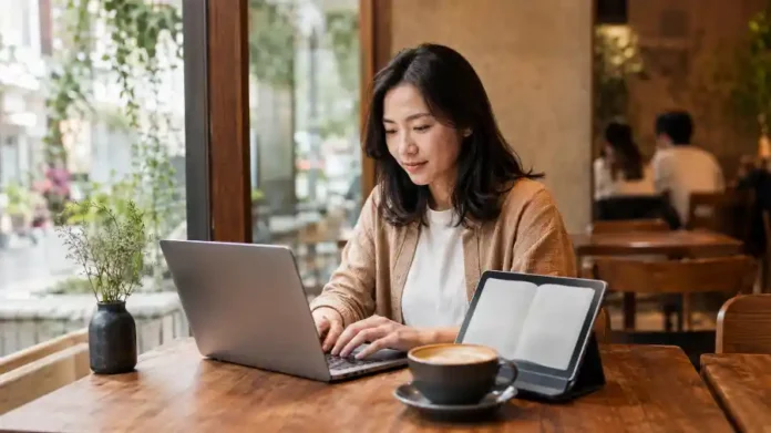 Phụ nữ Việt viết và bán ebook AI bên laptop tại quán cà phê