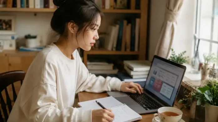 flashcard AI — sinh viên Việt ôn thẻ ghi nhớ trên laptop tại bàn học