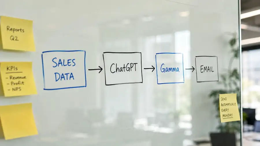 Gamma ChatGPT workflow: tạo sale report tự động 2026 1 Sơ đồ Gamma ChatGPT workflow: dữ liệu đến ChatGPT đến Gamma đến email