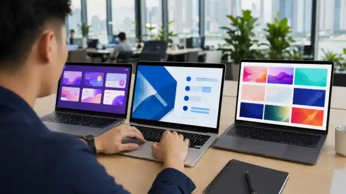 Gamma vs PowerPoint vs Canva trên ba laptop trong văn phòng Việt Nam