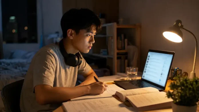 Sinh viên dùng gia sư AI tự học buổi tối bên laptop