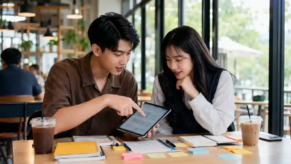 Nhóm sinh viên học cùng gia sư AI tại quán cà phê