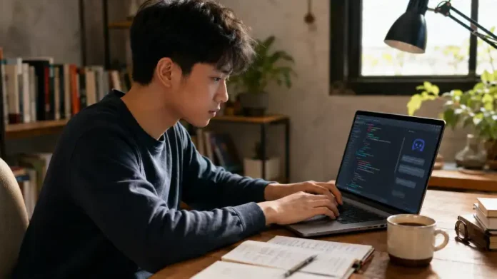 lập trình với AI — nam sinh viên Việt học code trên laptop tại bàn học
