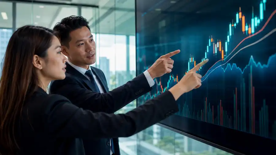 Diễn biến làn sóng IPO AI 2026 thảo luận trước màn hình biểu đồ thị trường