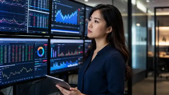 Chuyên gia phân tích trước màn hình biểu đồ định giá, minh họa IPO Anthropic 2026