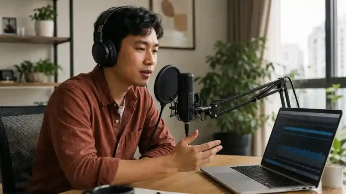 Người Việt kiếm tiền bằng giọng nói AI khi thu âm tại nhà với micro và laptop