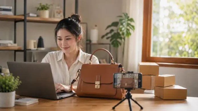 Chủ shop online Việt quay video quảng cáo sản phẩm túi xách bằng KlingAI trên laptop
