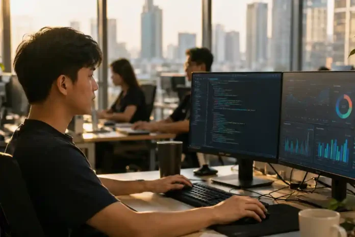 kỹ sư Việt — lập trình viên làm việc với dashboard AI tại văn phòng công nghệ TP.HCM
