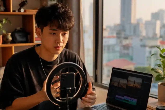 TikTok bằng AI — content creator Việt quay video dọc bằng điện thoại và laptop tại TP.HCM