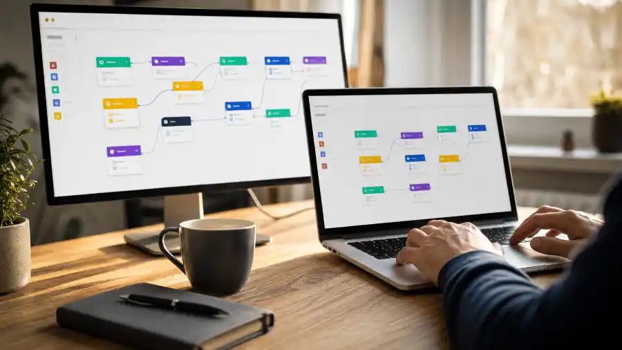 Màn hình laptop hiển thị luồng workflow Make AI tự động hóa trên bàn làm việc