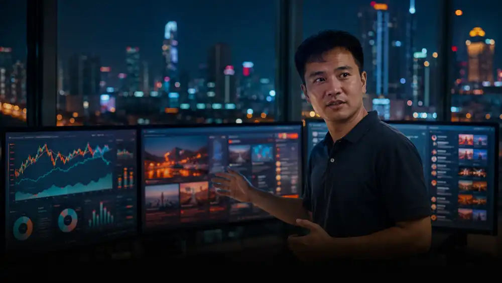 Nhịp AI tuần 23 năm 2026: tổng hợp đầy đủ 1 Nhịp AI tuần 23: nhà báo công nghệ theo dõi nhiều màn hình dashboard tin tức AI trên nền skyline Sài Gòn về đêm