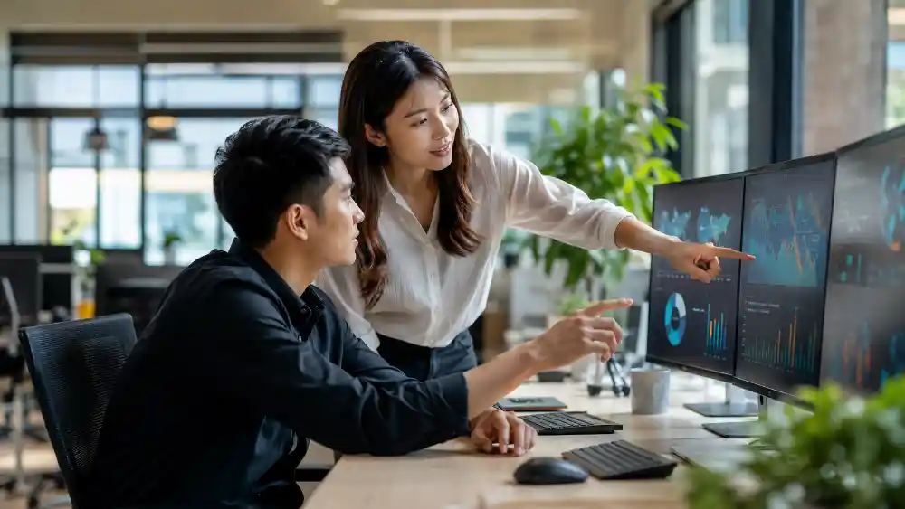 Nhịp AI tuần 23 năm 2026: tổng hợp đầy đủ 2 Nhịp AI tuần 23: hai bạn trẻ trao đổi trước nhiều màn hình hiển thị dữ liệu trong văn phòng sáng