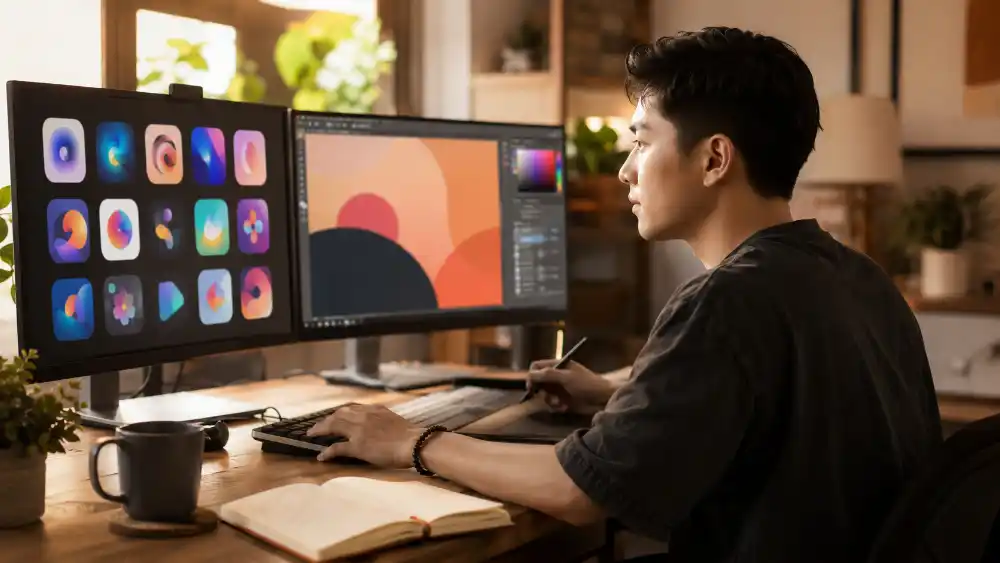 Nhịp AI tuần 23 năm 2026: tổng hợp đầy đủ 5 Nhịp AI tuần 23: nhà sáng tạo nội dung Việt làm việc với hai màn hình hiển thị thư viện công cụ AI và canvas thiết kế