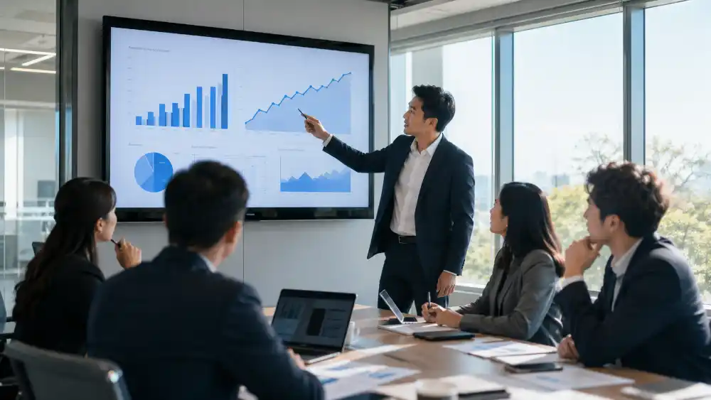 Nhịp AI tuần 23 năm 2026: tổng hợp đầy đủ 6 Nhịp AI tuần 23: nhóm nhân sự họp quanh bàn phòng họp hiện đại trước màn hình tường hiển thị biểu đồ tăng trưởng