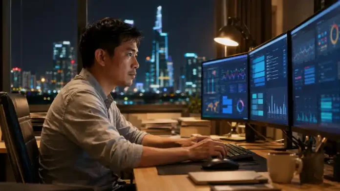 Nhịp AI tuần 26: nhà báo công nghệ Việt theo dõi tin AI trên ba màn hình dashboard