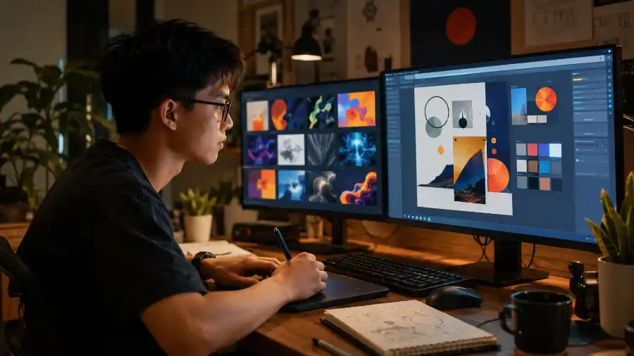 Nhịp AI tuần 26: nhà thiết kế Việt dùng công cụ AI trên hai màn hình tại studio