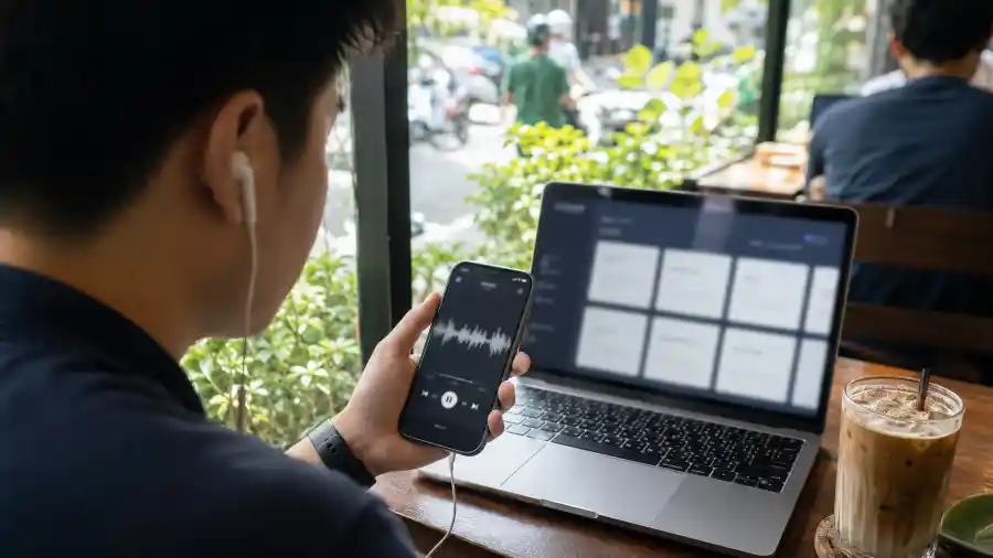 Người dùng nghe podcast ôn tập và xem flashcard NotebookLM tại quán cà phê
