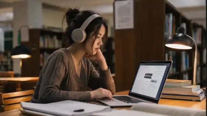 Sinh viên Việt đeo tai nghe dùng NotebookLM tự học trong thư viện buổi tối
