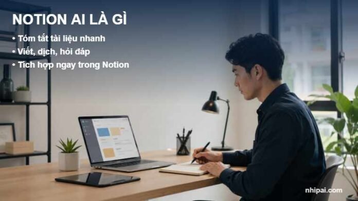 Notion AI trên laptop trong không gian làm việc