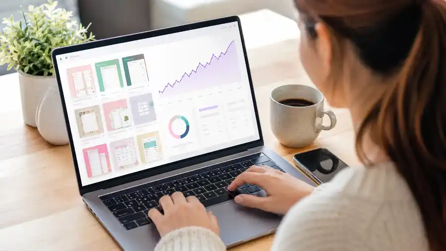 Bán sản phẩm số bằng AI: kiếm USD từ Etsy, Gumroad 1 Bảng điều khiển gian hàng sản phẩm số bằng AI với biểu đồ doanh thu